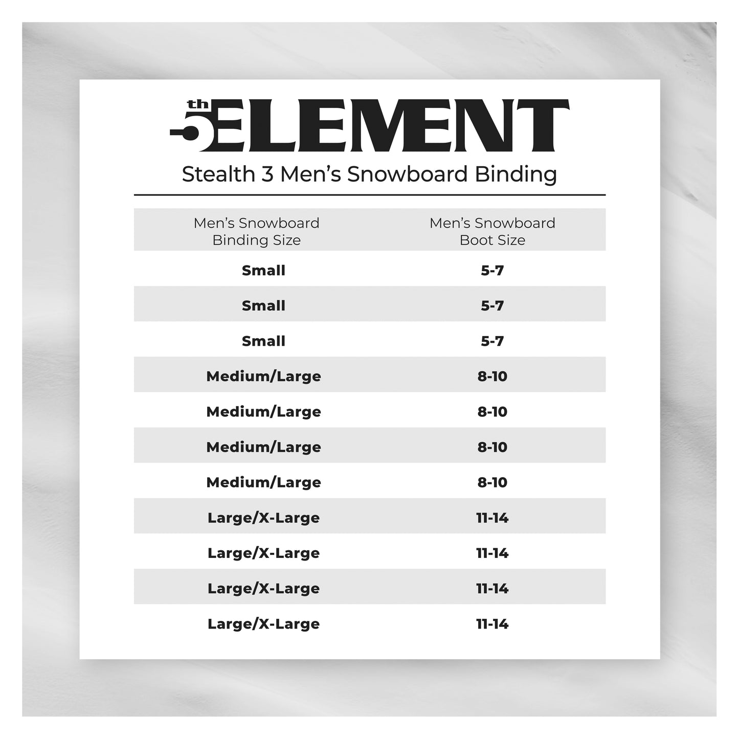 5th Element Stealth 3 Bindings - White/Black - Size Chart