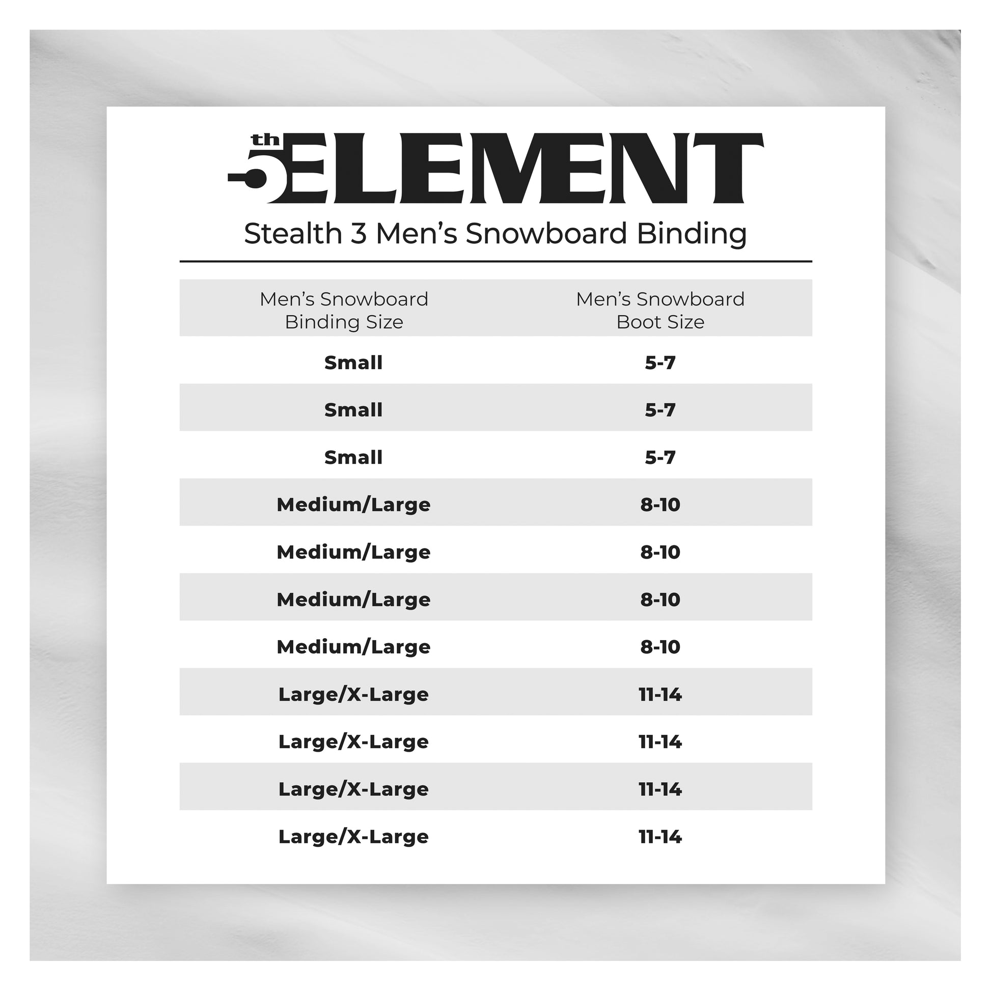 5th Element Stealth 3 Bindings - White/Black - Size Chart